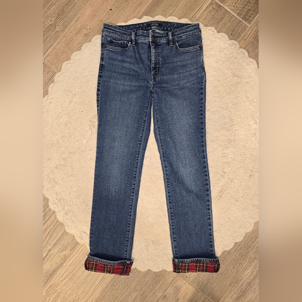 Vintage Ralph Lauren Dark Blue Crop Straight Leg Jeans With Plaid Cuff Lining